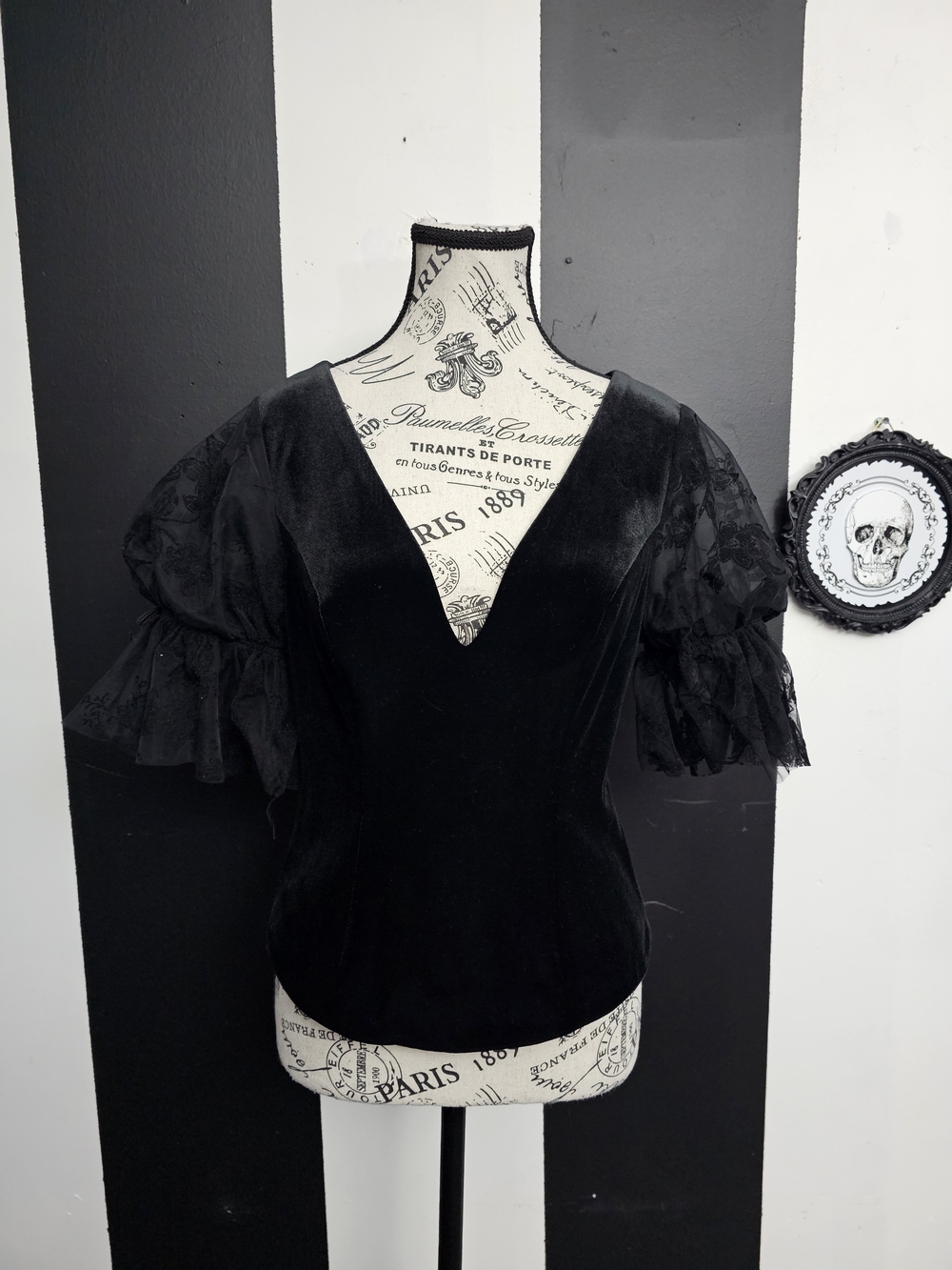 Black Velvet V-Neck Puff Sleeve Blouse